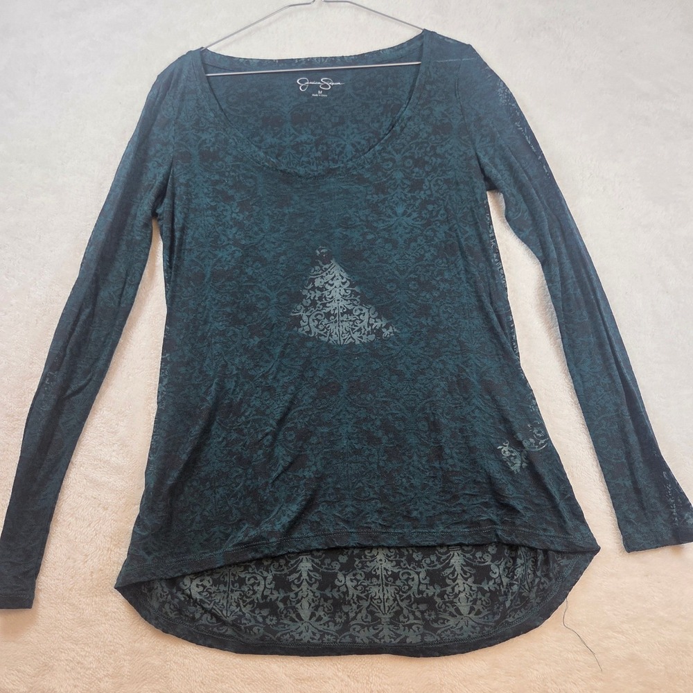 Jessica Simpson Womens Medium Teal Damask Burnout Long Sleeve Open Back Top